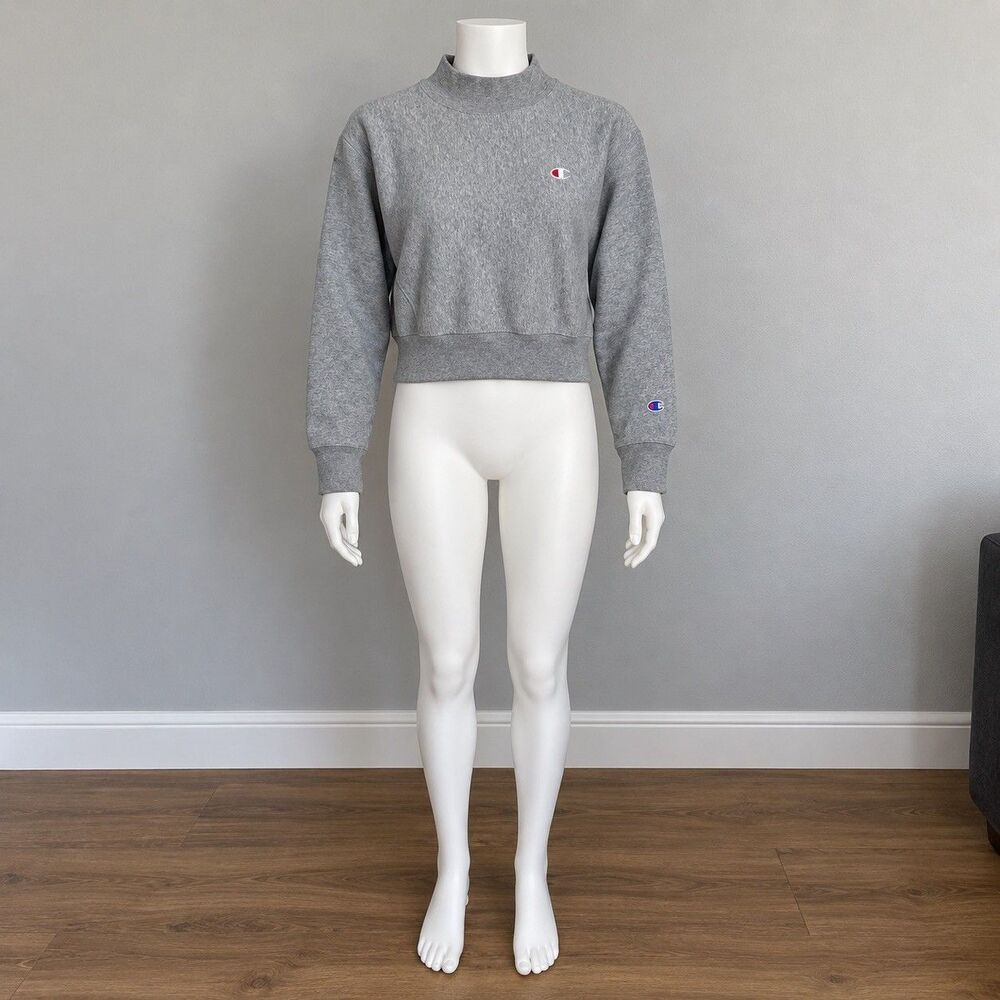 Champion Reverse Weave Womens Small Gray Cropped Mock Neck Sweatshirt Logo